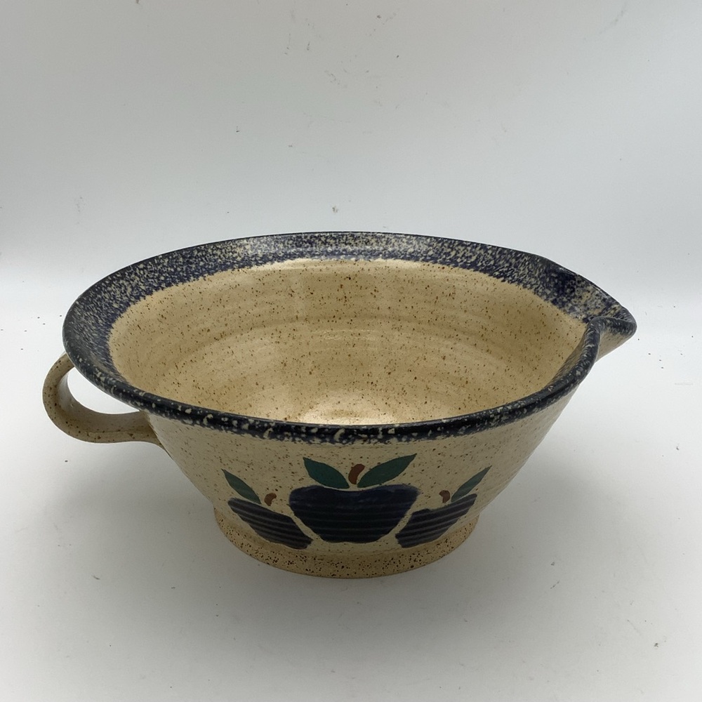 Vintage Handmade Pottery Batter Bowl with Apple Motif
